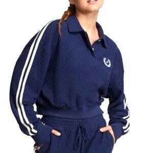 Pink Victoria Secret Fleece Reverse Crop Polo Sweatshirt Stripes Blue Womens M